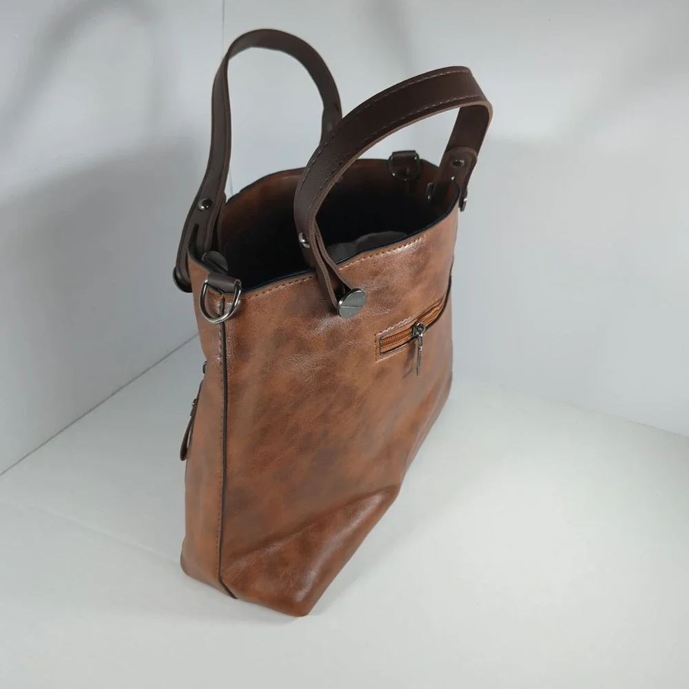 Brown Soft Vegan Leather Satchel Handbag Multi-Pocket Organizer Purse NEW